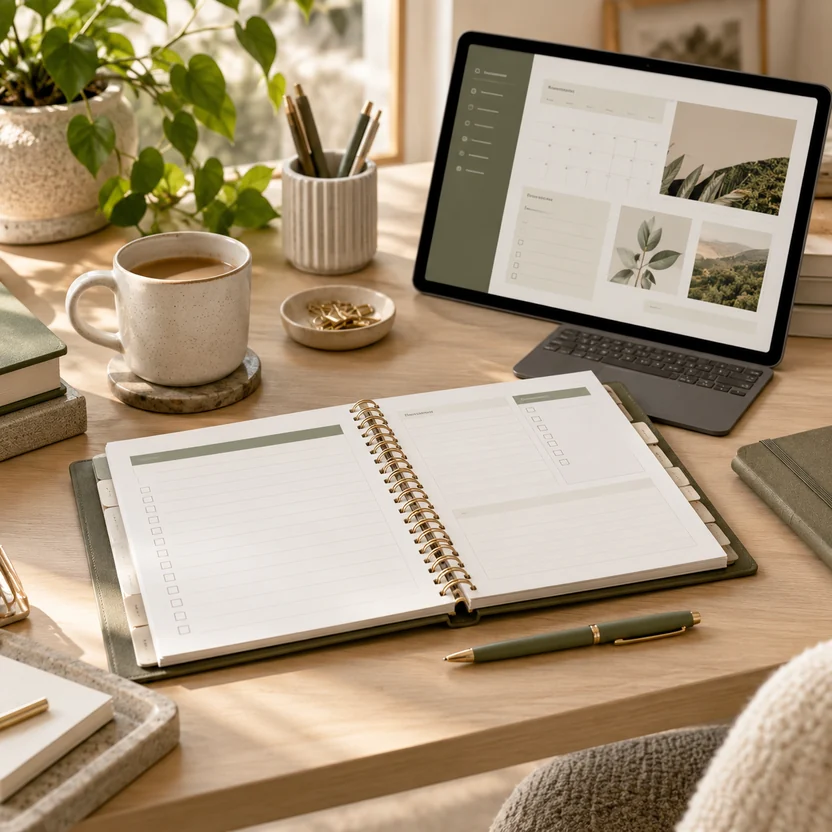 Open planner and digital planning workspace on an organized desk