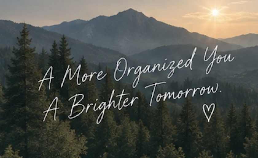 A More Organized You. A Brighter Tomorrow. — handwritten over a sunlit mountain and evergreen forest