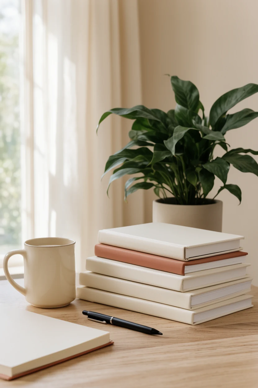 Cream and terracotta notebooks, a ceramic mug and a leafy plant on a sunlit wooden desk